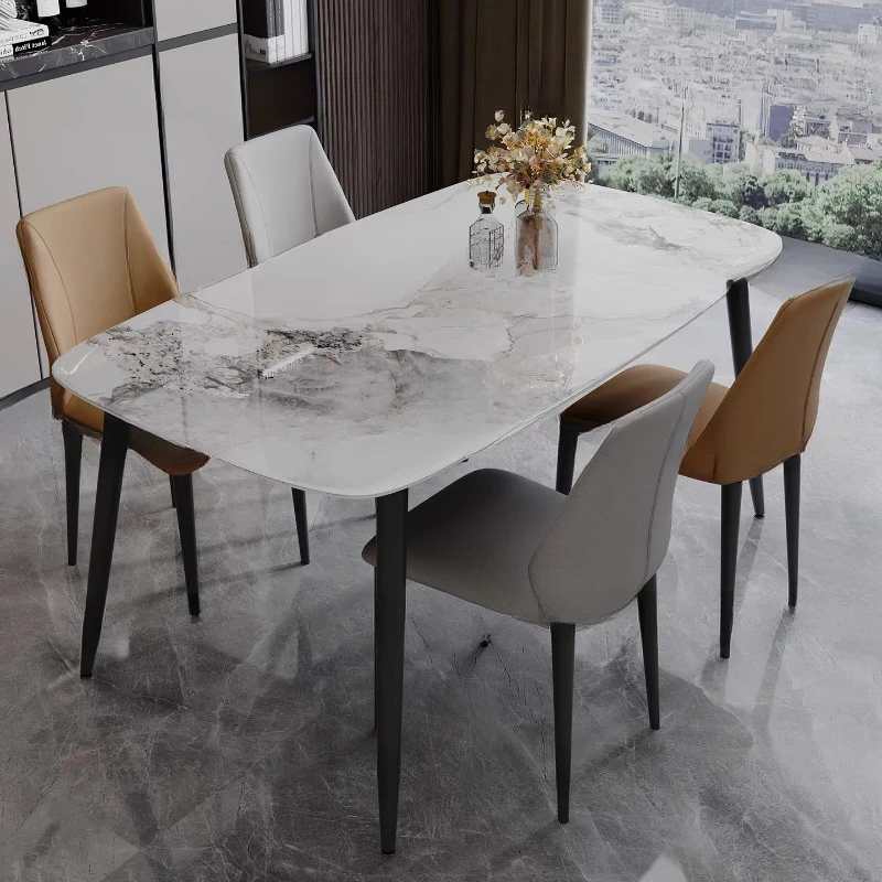 

Italian light luxury, high-end thickened rock slab dining table and chair combination