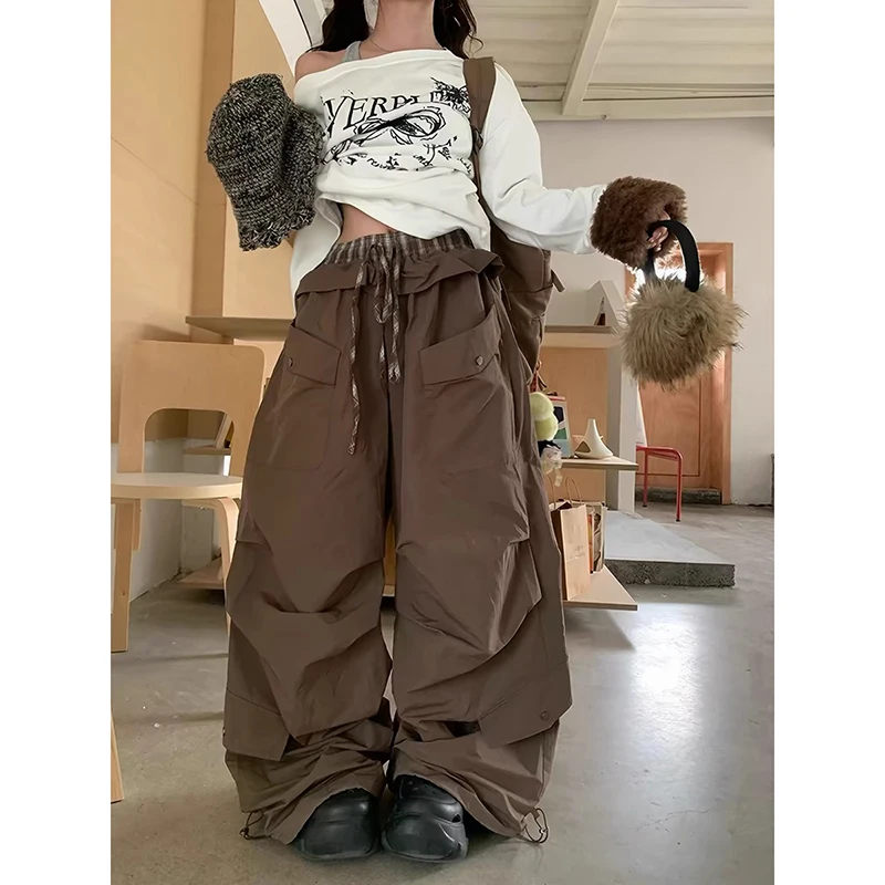 ZHIZOU Women Goblin Long Trousers Parachute Pants Harajuku Y2K Splice Loose Grunge 2000s Streetwear Hip-pop Brown Sweat Pants