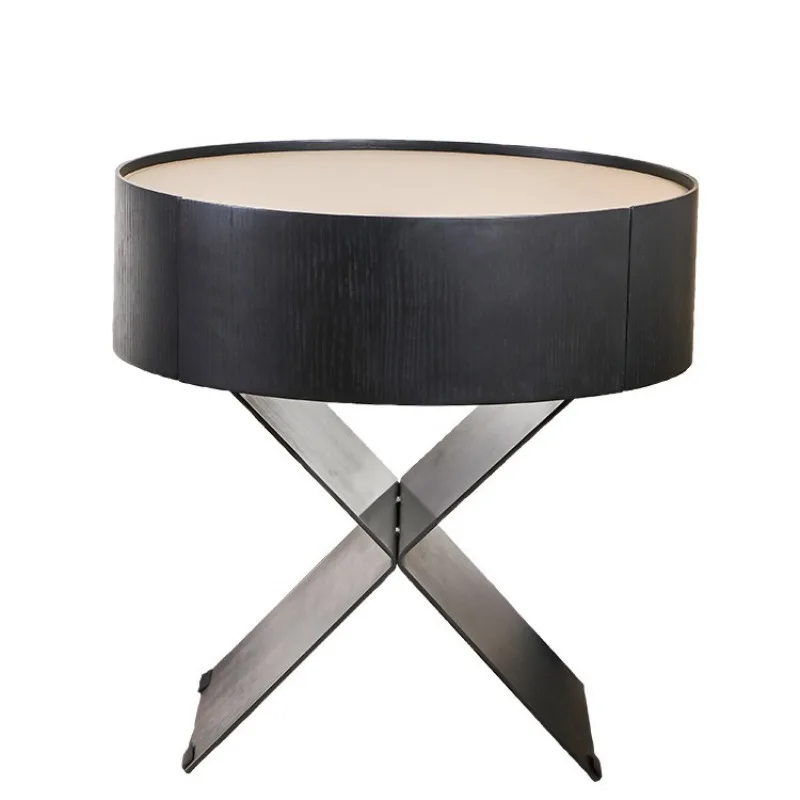 

Italian minimalist bedside table solid wood stainless steel saddle leather light luxury modern bedroom high-end storage