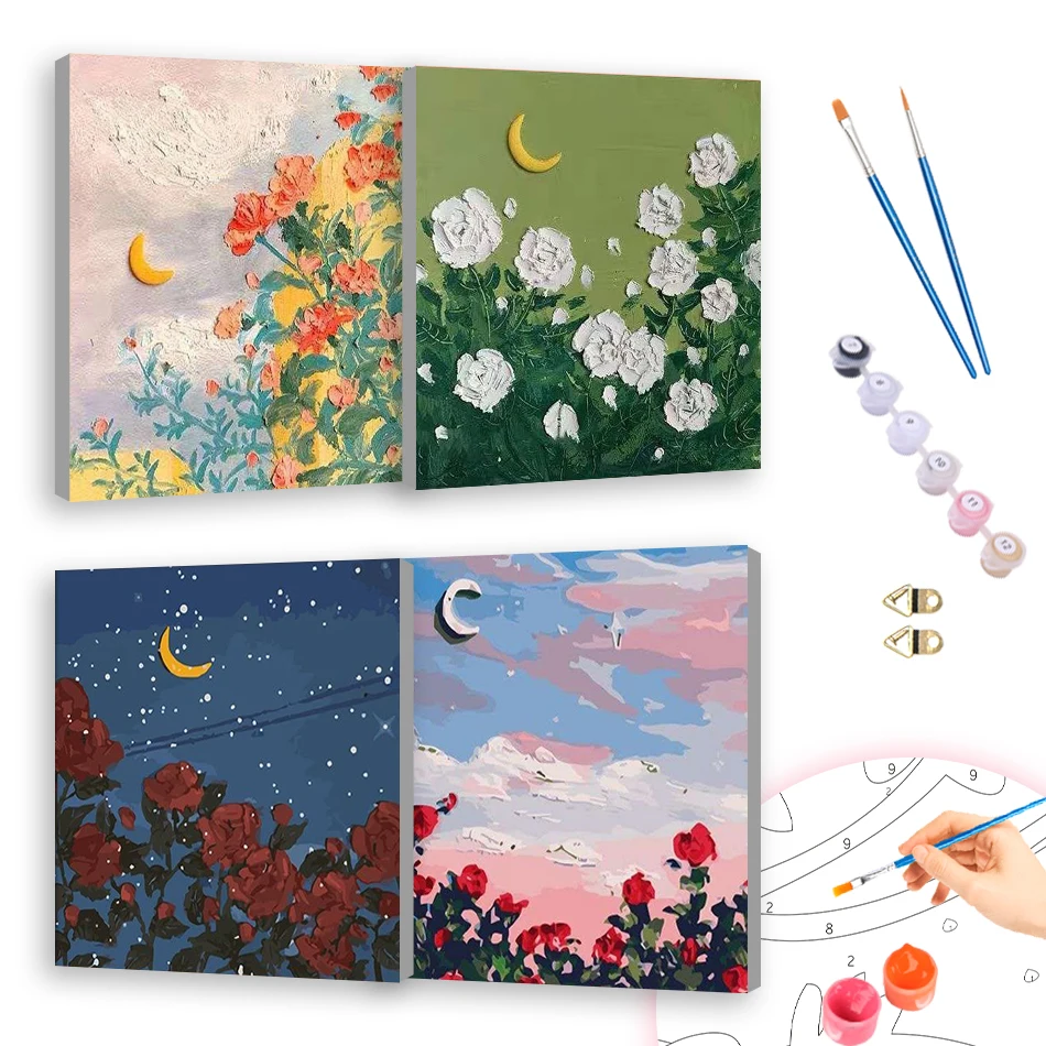 

RUOPOTY Oil Painting By Numbers 20x20cm ready Frame For Beginner Romantic Landscape Flower Moon Canvas Digital Oil Handmade Set
