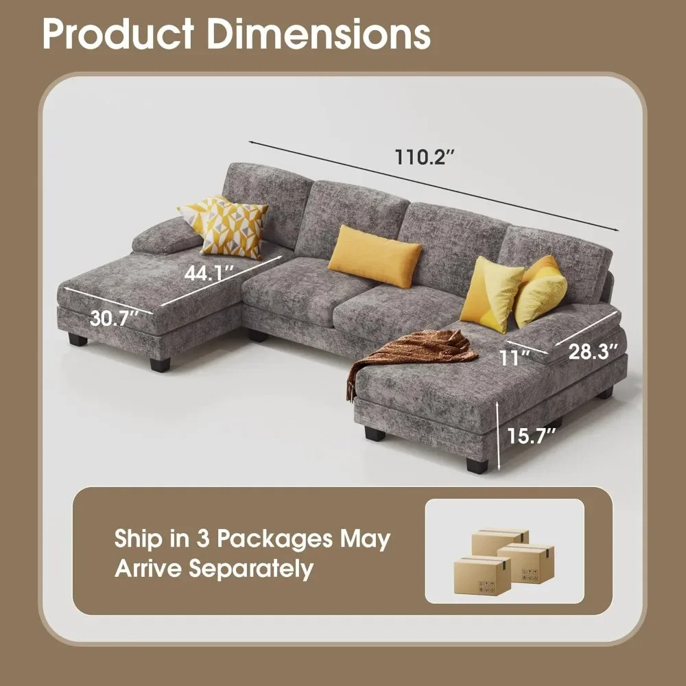 Sectional Couches for Living Room U-Shaped Sofa Couch with Linen Fabric 4 Seat Sofa Set with Double Chaise Sectional Sofa