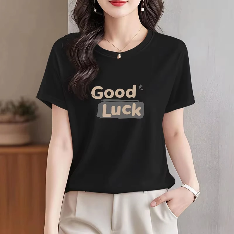Summer New Fashion Letter Print Luck T-shirts Women Clothing Fashion Loose Short Sleeve Top Tee All-match Pullovers Y2k Top