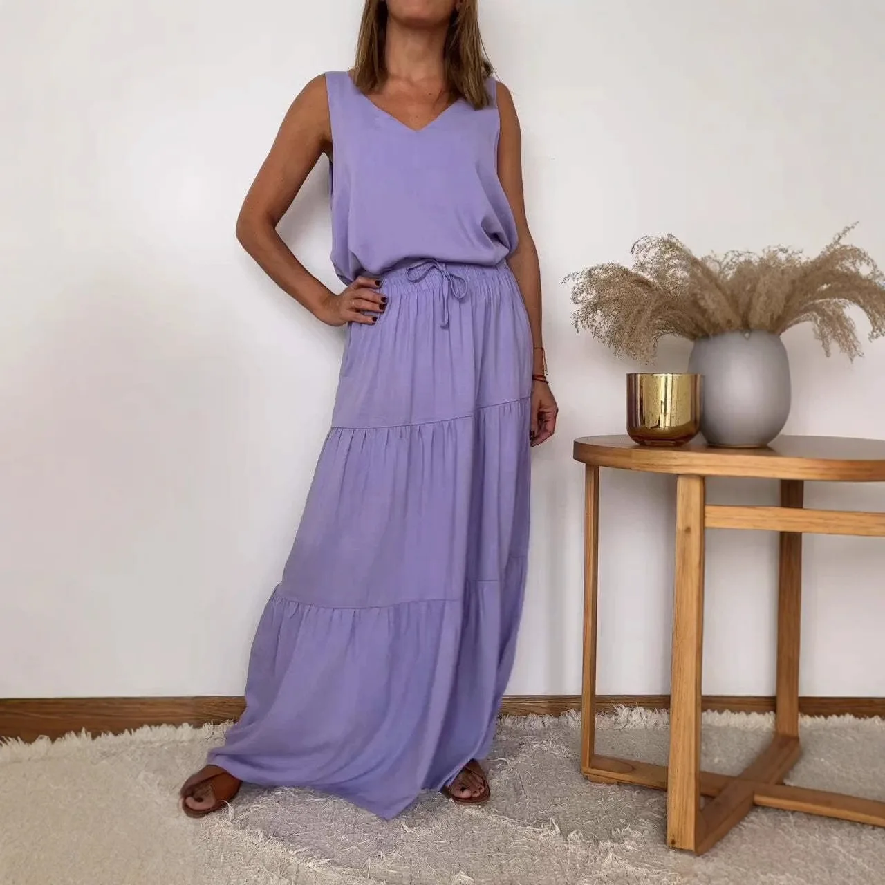 

Dress Sets Women Solid Floor Length Skirts Matching Sets Two Pieces Pullover Sleeveless V Neck Tops Summer Casual 2025 Loose
