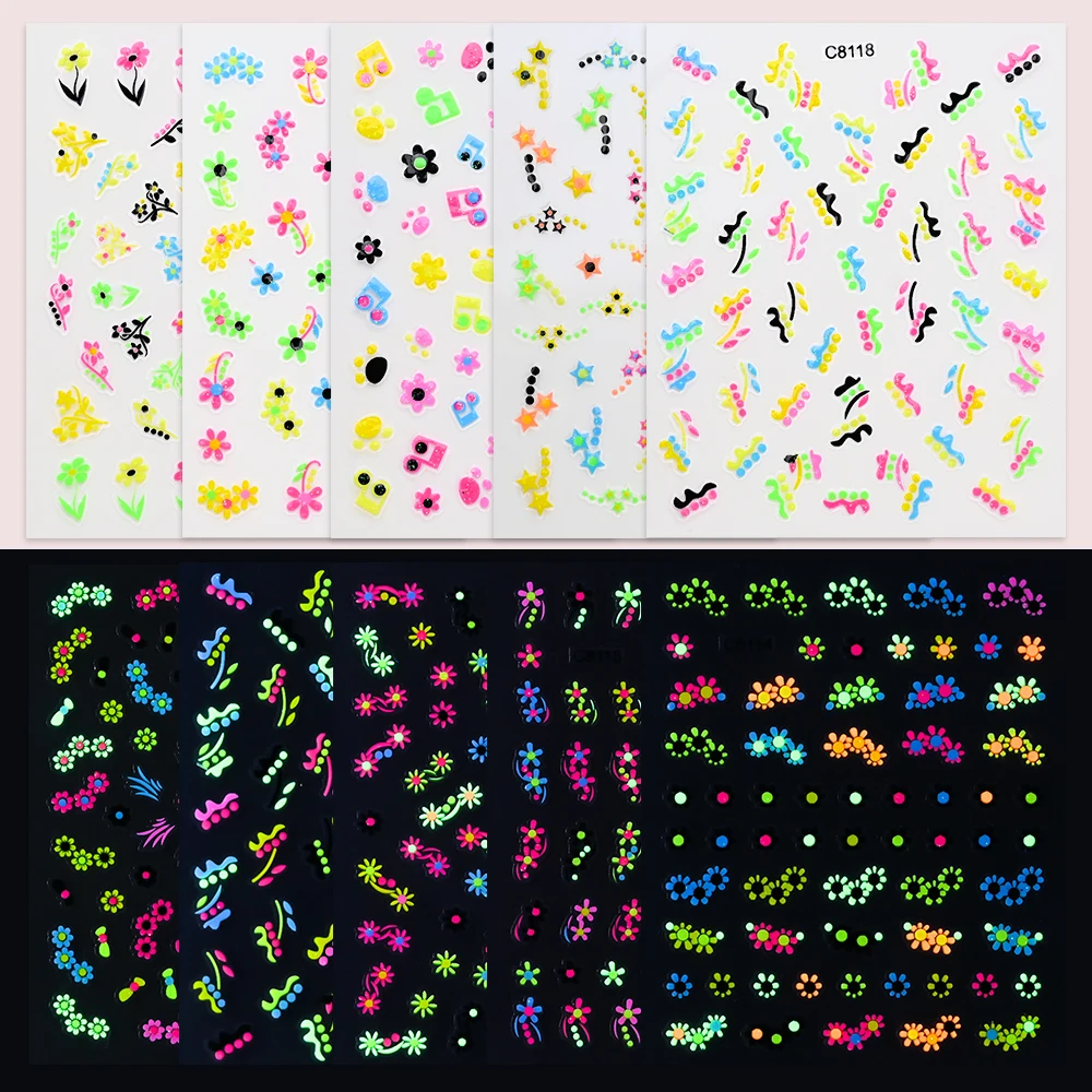 24Pcs Luminous Butterfly Flower Nail Stickers 3D Kawaii Floral Self-adhesive Nail Art Decals Glow In Dark Y2K Manicure Sliders