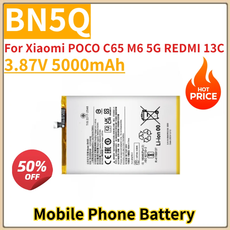 

BN5Q аккумулятор мобильного телефона 3,87 В 5000 мАч для Xiaomi POCO C65 M6 5G REDMI 13C Совершенно новый, высокое качество