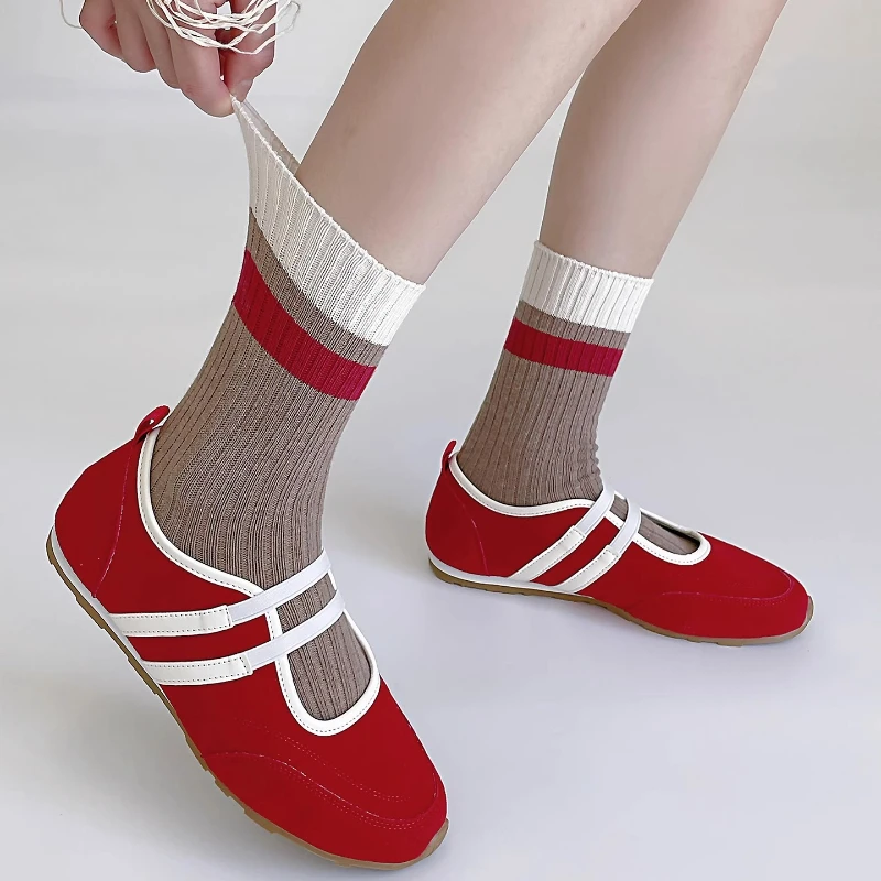 Striped Socks Women Autumn and Winter Korean Color Matching Middle Tube Socks Japanese Fashion Cotton Knitted Retro Long Socks