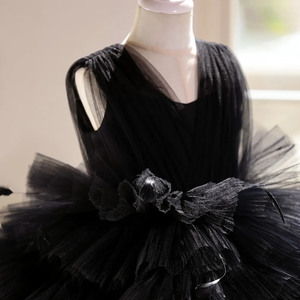 Elegant Black Princess Dress For Girls, Luxury Formal Host Gown Piano Performance Birthday Party Kids Show Costume