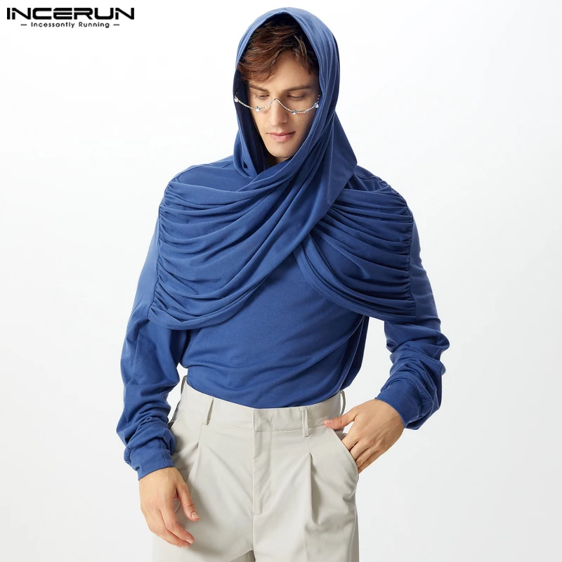 INCERUN Handsome Men Knitted Hooded T-shirt 2024 Solid Color Long Sleeve Tops Cross Design Ruffles Well Fitting Male Clothes