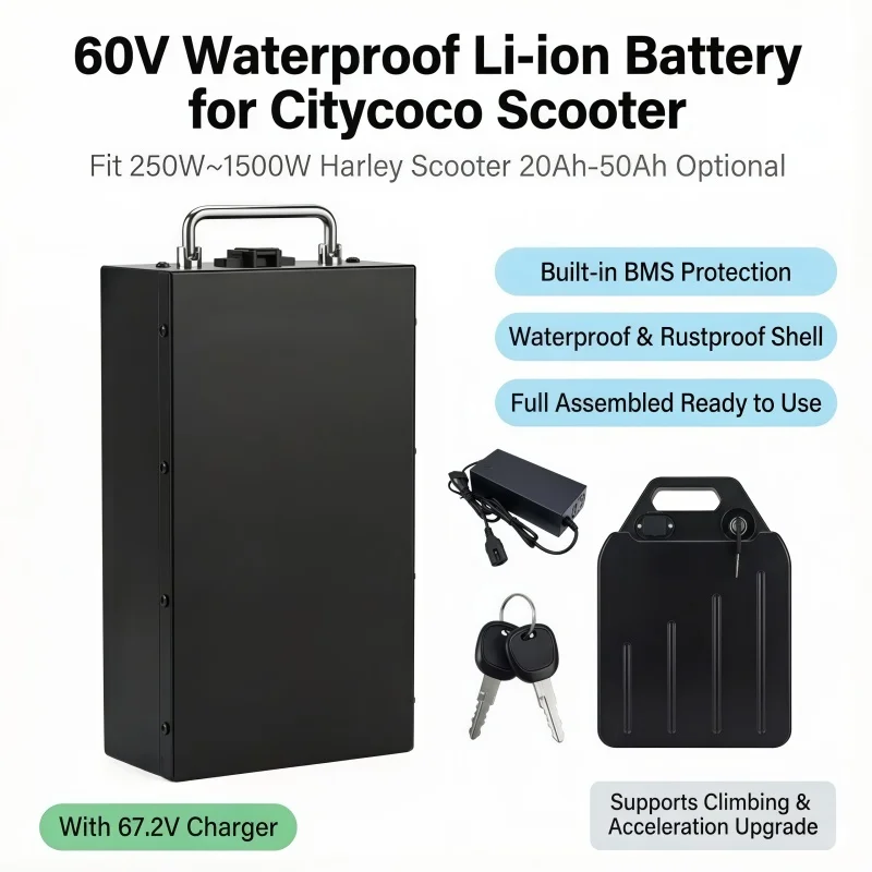 Compact 60V Lithium Battery, Low Self-Discharge, 20Ah-50Ah, Waterproof, for 250W~1500W Citycoco Harley Scooter, 67.2V Charger