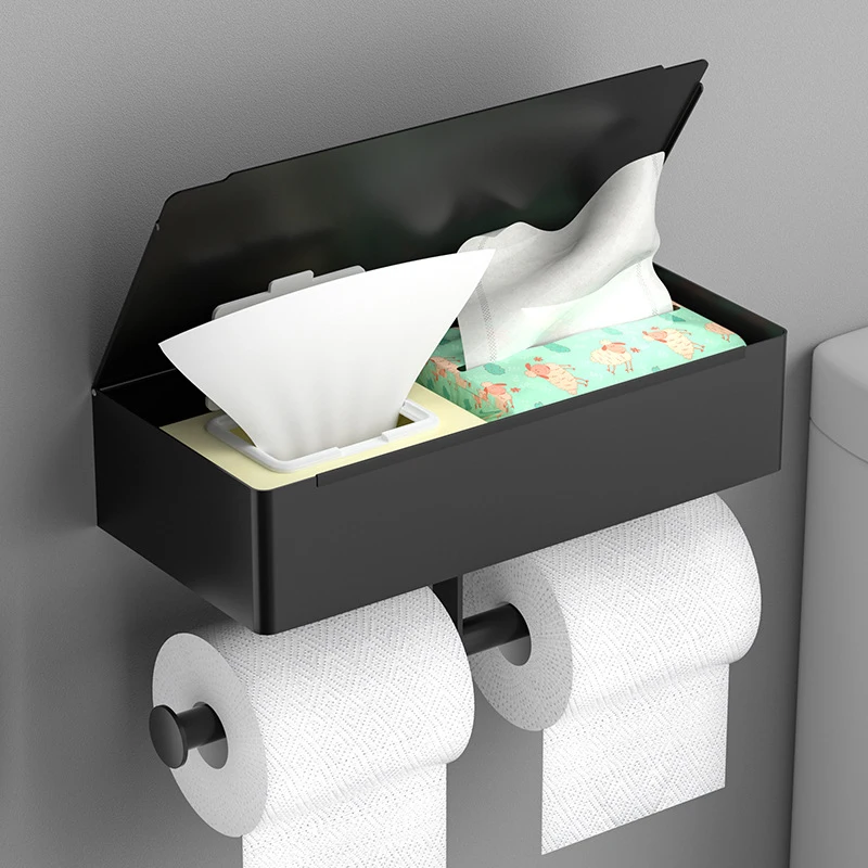 

High Quality SUS304 Stainless Steel Waterproof Bathroom Black Wall Mounted Tissue Box Toilet Paper Roll Holder With Phone Shelf