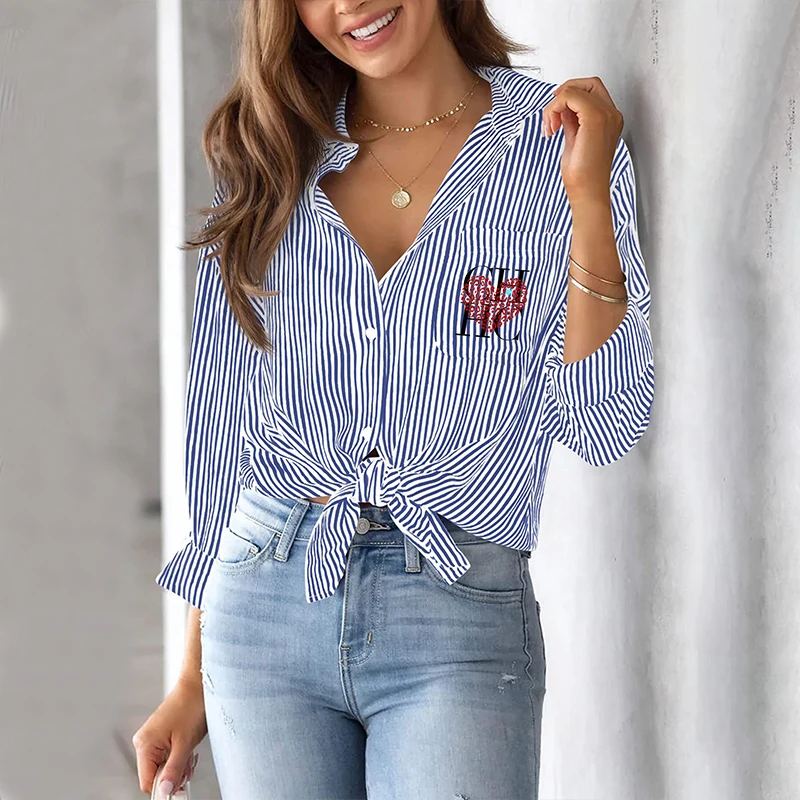 Camisa listrada de manga comprida feminina, Tops femininos, Camisas elegantes, Comutação, Clássico, Escritório, Nova Tendência, Elegante, Casual