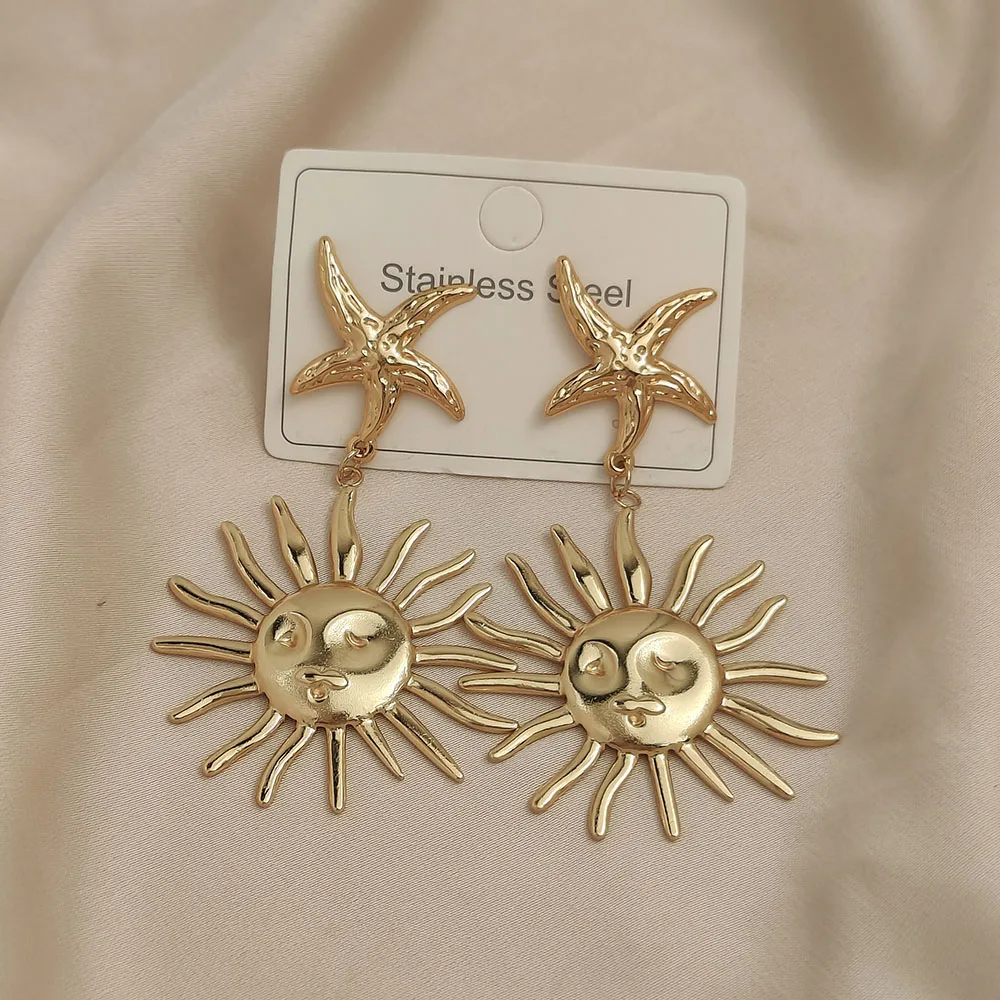 

Trendy starfish and sun stainless steel women's earrings, waterproof and non-fading heavy metal earrings, wedding party gifts