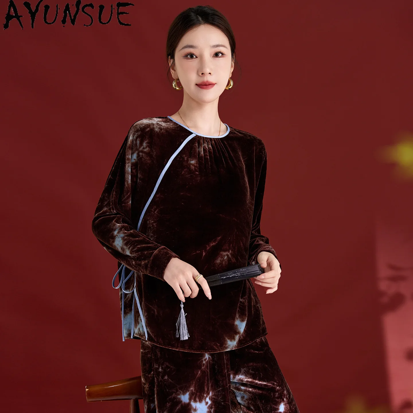 AYUNSUE Real Mulberry Silk Lining Woman Tops High-end Slimming Autumn Clothing Silk Velvet Long Sleeve Tops 2026 Roupas Feminina