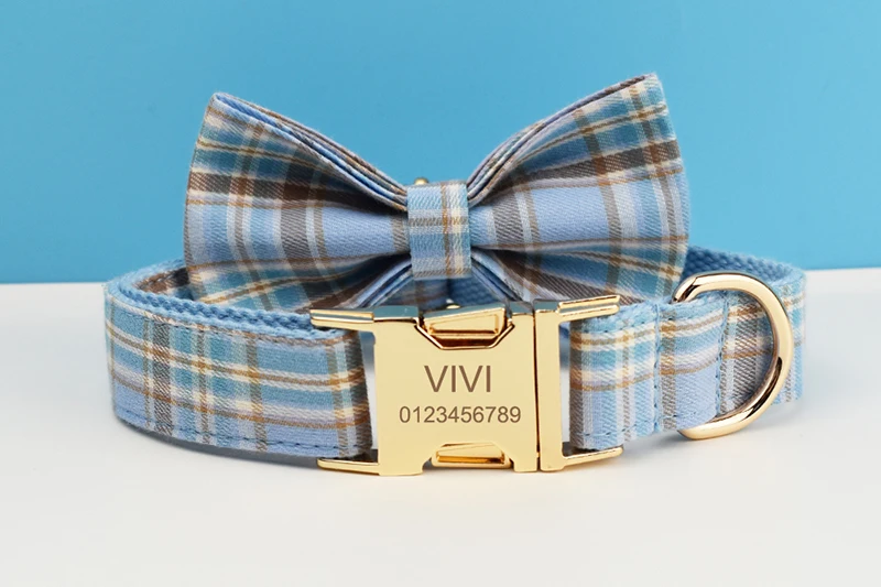 Kariertes Hundehalsband und Leinen-Set für Hunde, individuell graviertes Namensschild, Heimtierbedarf, Hundeleine, Gittermuster 16 – Detail 2