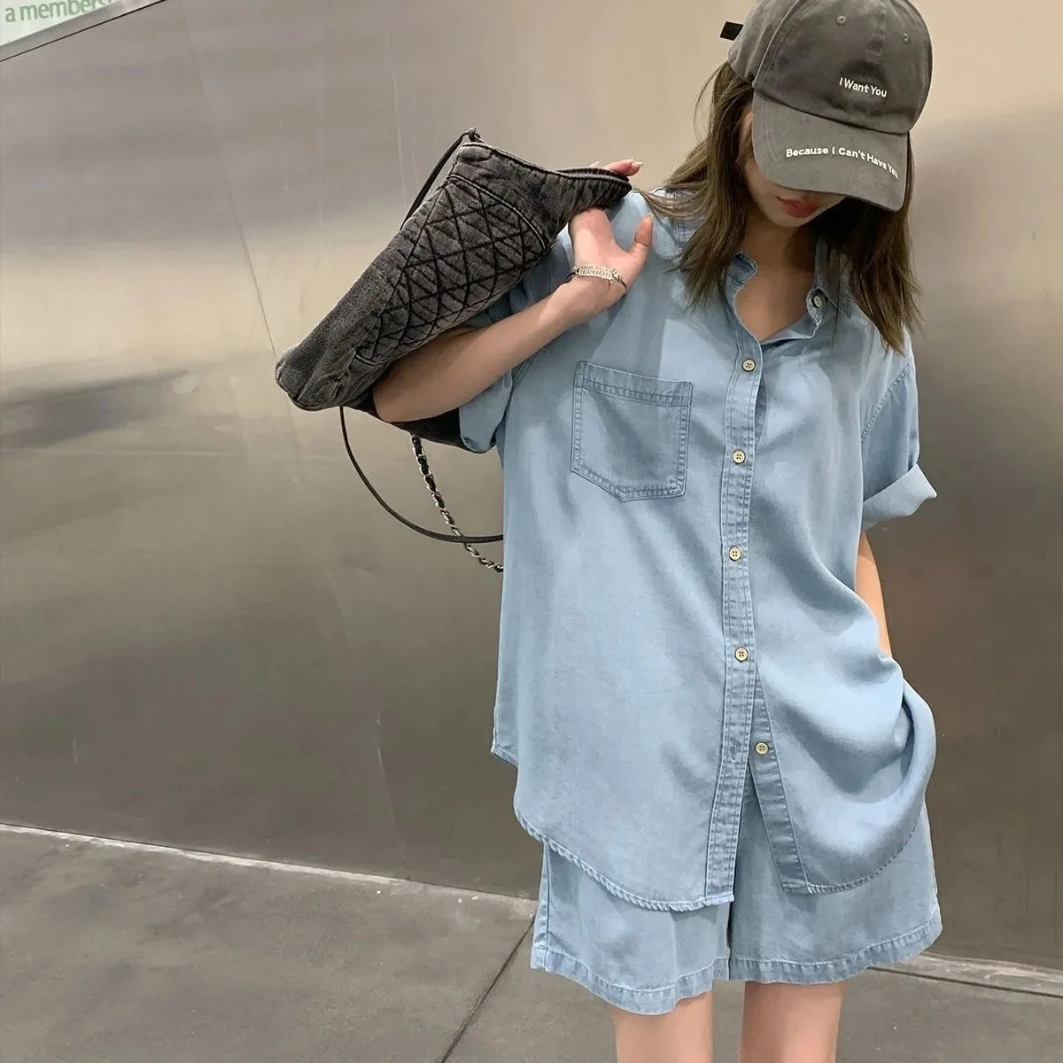 Loose Wide Leg Short Sleeve Silk Denim Set Women's Summer Korean Style Casual Suit Two-Piece Outfit Comfortable Breathable