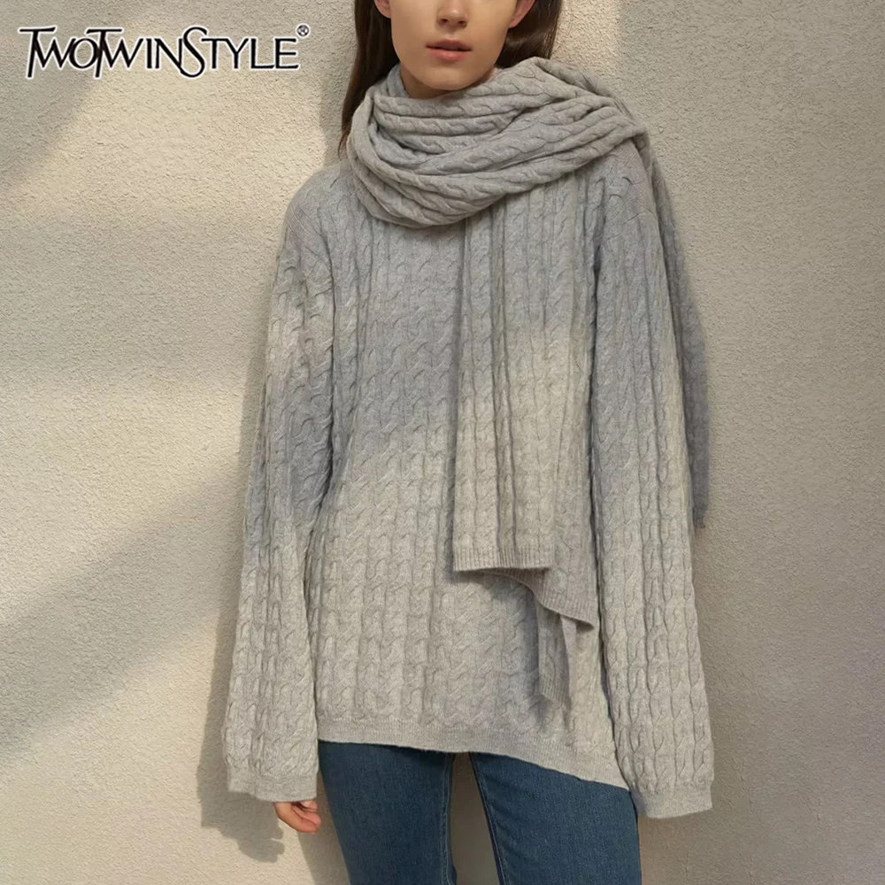 

TWOTWINSTYLE Solid Minimalist Knitting Sweater For Women Round Neck Long Sleeve Casual Pullover Sweaters Female Fashion Style