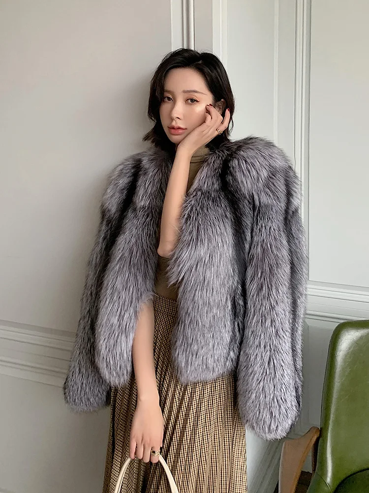 Winter Super Luxury Silver Fox Fur Full Skin Coat Bright Color Women Silver Fox Fur Outfit Jacket