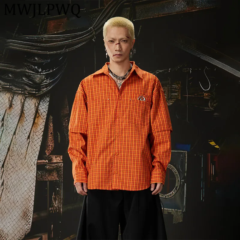 

MWJLPWQ Men's Detachable Colorful Vintage Plaid Shirt Long Sleeve Or Short Sleeve Niched Design Lapel Loose Casual Top New 14026