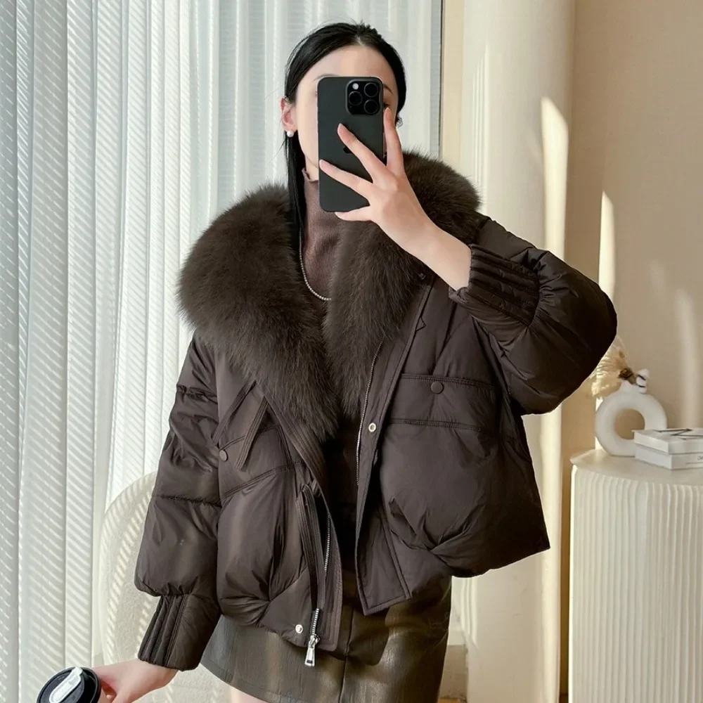 Big Real Fox Fur Collar Brown Duck Down Coat Women Fahsion Thick Warm Natural Fur Puffer Jacket New Winter Clothes Female
