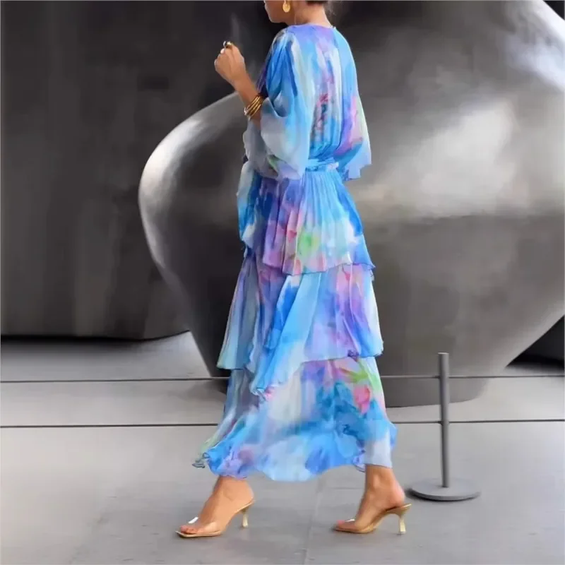 Verão novo elegante vestido de chiffon feminino moda impresso com decote em v manga curta em camadas plissado solto rendas saia longa
