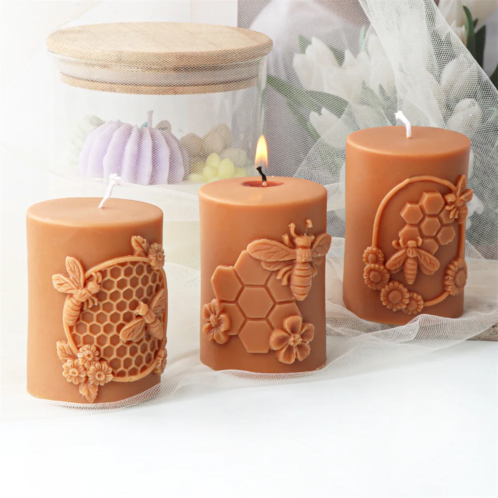 

Embossed Bee Cylindrical Silicone Candle Mold Honeycomb Flower Bee Hole Honeycomb Aromatherapy Beeswax Candle Making Supplies