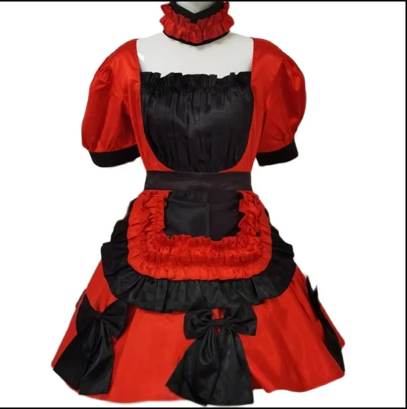 

Adult Giant Baby Sexy Girl Red Black Satin Dress Bowtie Sissy Makeup Ball Maid Gothic Role Play Lockable Multiple Options