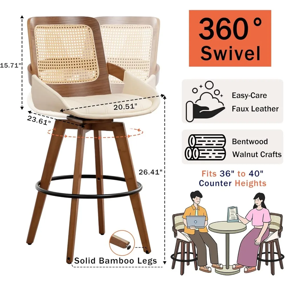 26,4" drehbare Thekenhocker, 2er-Set – Rattan-Rückenlehne, Sitz aus Kunstleder und Walnuss-Finish ​