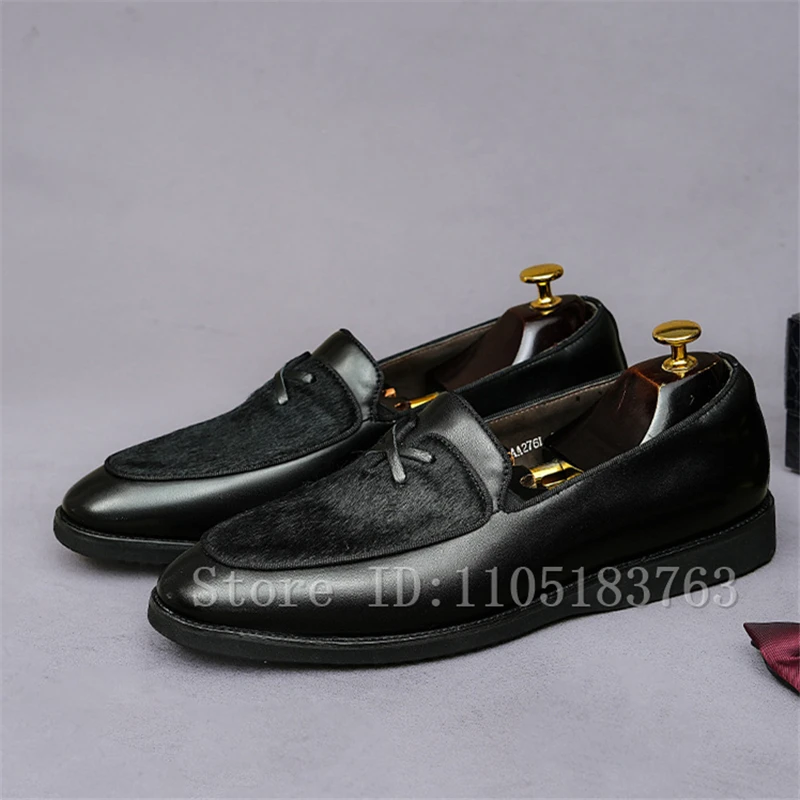 Men Genuine Leather Horse Hair Splicing Slip On Dress Shoes Two Tone Loafers Business Party Daily Male Dress Footwear