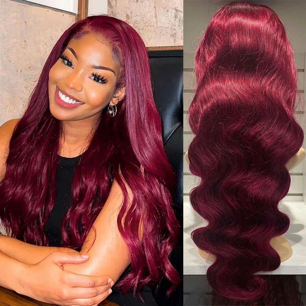 

Burgundy 13×4 Body Wave Lace Front Wigs Human Hair 220 Density Transparent Wine Red Pre Plucked Lace Frontal Wig For Women 99J