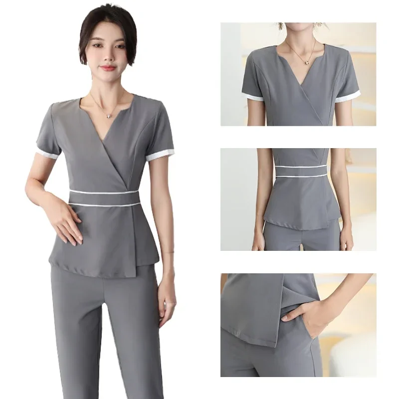 Prezzo all'ingrosso Set per scrub di bellezza Set uniforme da lavoro per hotel femminile Set per scrub Abito per massaggio ai piedi con scollo a V in due pezzi