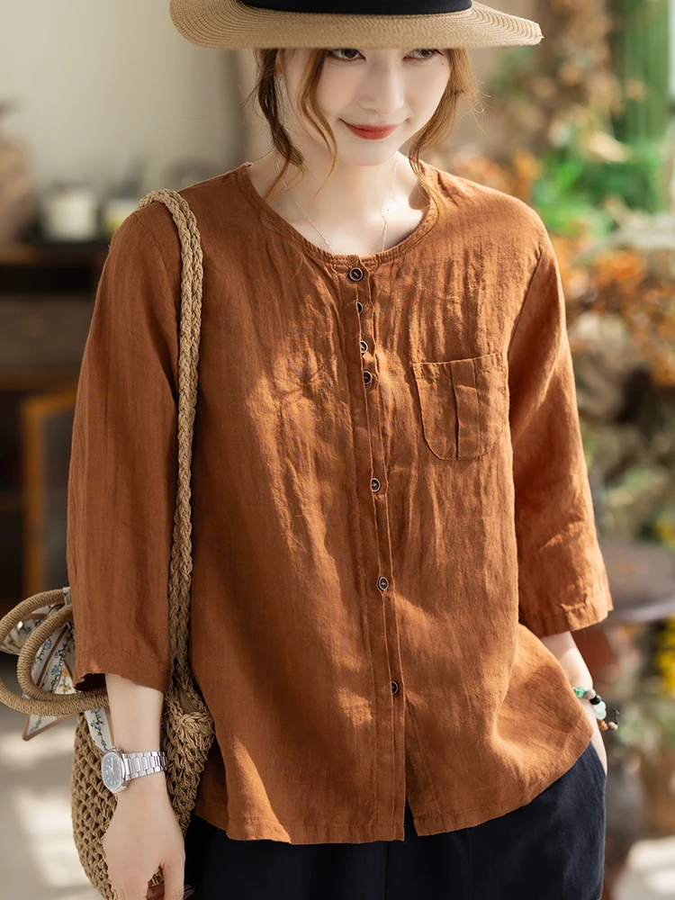 

Женская льняная рубашка Kamiyu свободного кроя с рукавом 3/4, однотонный кардиган, весна-осень, элегантный стиль, дышащая ткань