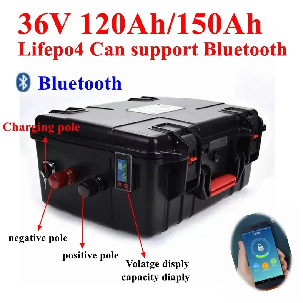 whatproof 36V 150AH lifepo4 36v 120Ah lifepo4 lithium chargeable battery for 3000w go cart bike scooter boat +10A Charger