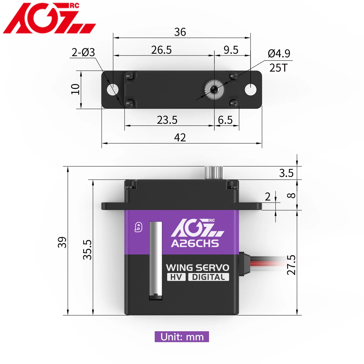 Agf a26chs 26g hv alto torque 10kg mini servo digital fino para aeronaves finas planador asas rc carro robô barco helicóptero avião