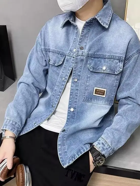 

Loose Men's Light Blue Denim Jaet Spring Autumn Trendy Workwear Sle Classic Stand Fit Long Sve Button Decorated Jeans