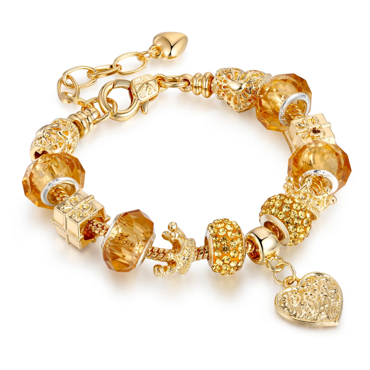 Original Jewelry Woman's Fashion Gold Extend Chain Crystal Zircon Beads Crown Heart Charm Bracelet New RJ206