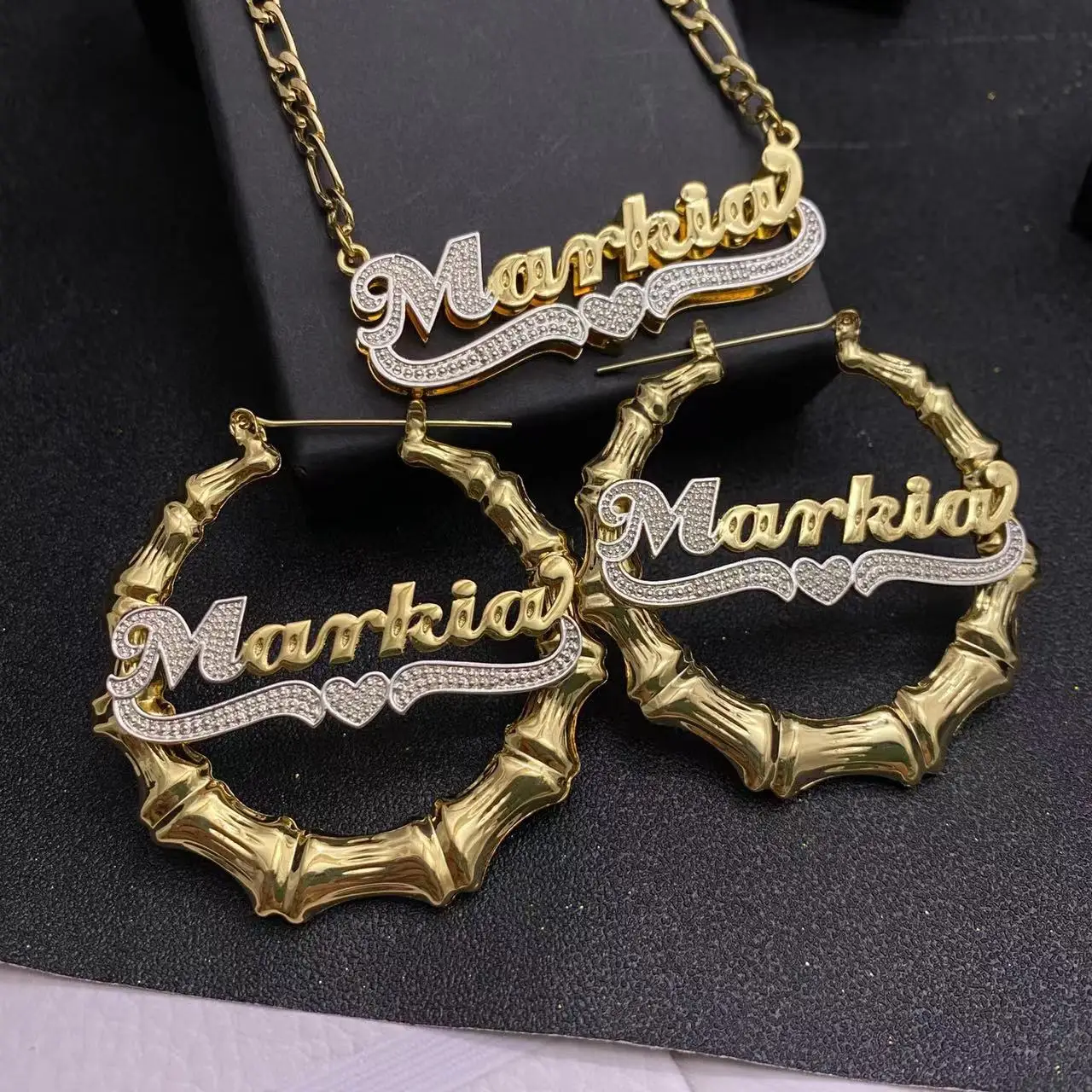 

Custom Double Nameplate Necklace Bamboo Earrings Jewelry Set Stainless Steel Personalized Name Necklace For Women Gift