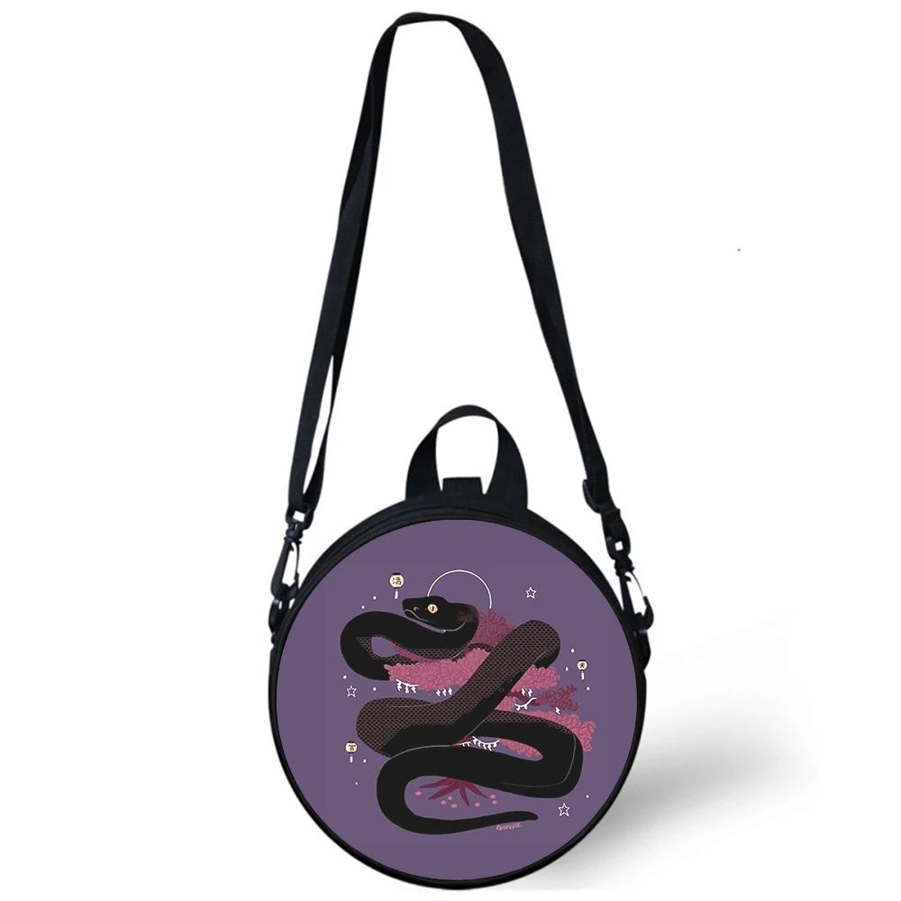 Arte pintura da serpente animal criança saco de jardim infância 3d impressão crossbody sacos de ombro para a escola feminina mini redondo bagpack rugtas saco