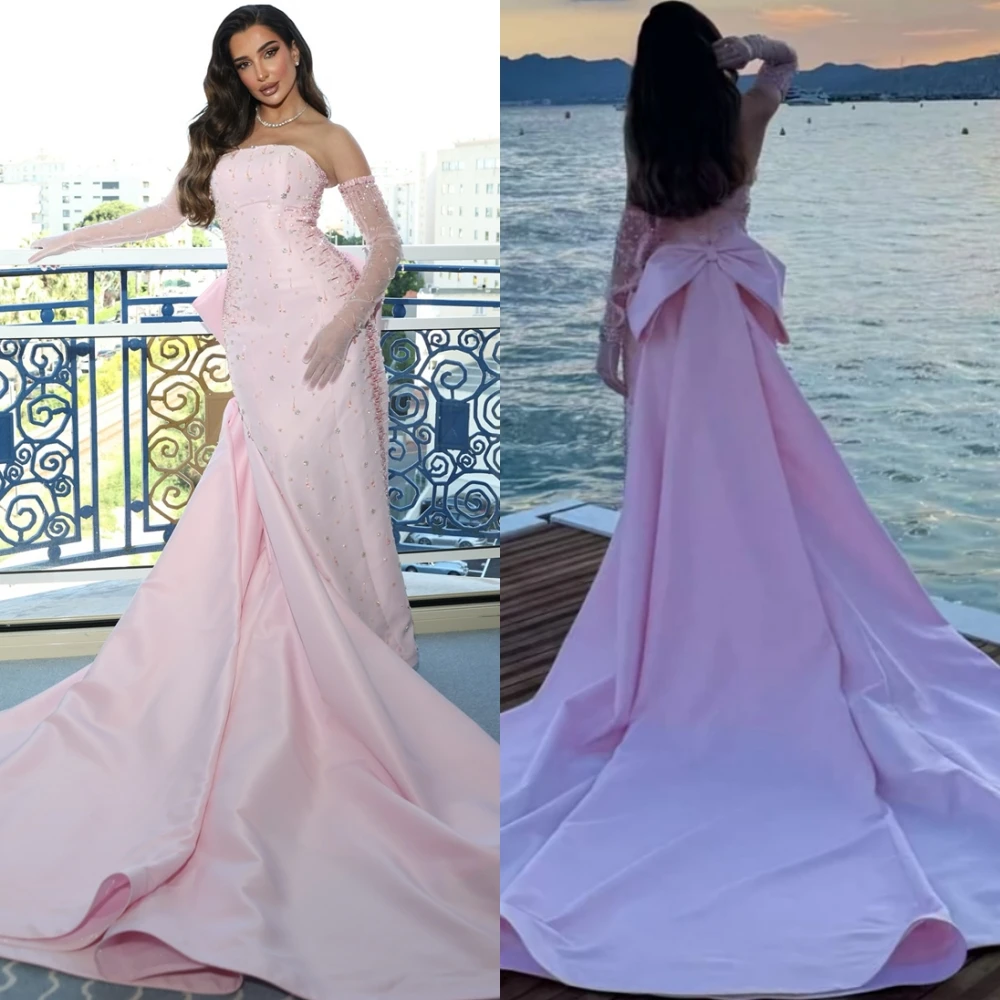 Personalizado de luxo cetim sem alças vestido noite elegante capela trem vestidos baile alta qualidade cristal ocasião especial vestidos