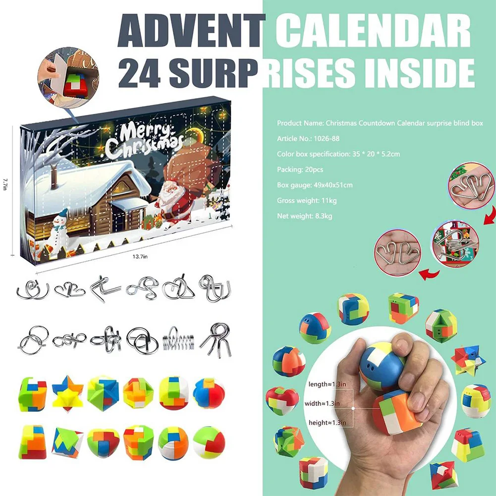 Christmas Advent Calendar Brain Teaser Puzzles Fun Challenges Toys 24 Pcs Metal & Plastic Puzzle Christmas Gift for Kids Teens