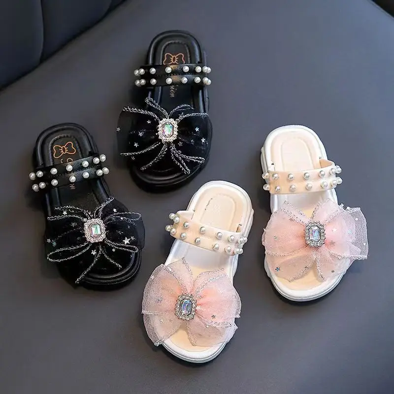 Trendy Cute Rhinestone Pearl Bowknot Decor Slippers For Girls, Breathable Lightweight Wear-resistant Slippers For Indoor Home