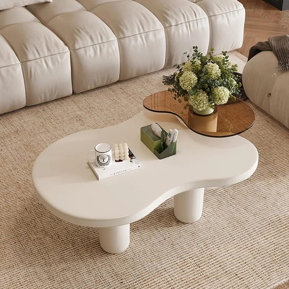 

Clound Coffee Table Set of 2, Modern Nesting Coffee Tables Set of 2, 2 in 1 Irregular Coffee Table with Brown Glass End Side Tab