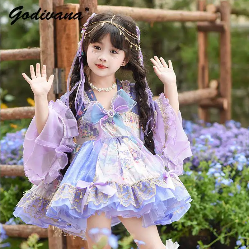 Sweet Baby Girls Lolita Princess Dress 2026 Spring New Fashion Kids Long Sleeves Tulle Bow Heavy Lace Embroidery Fairy Tutu Gown