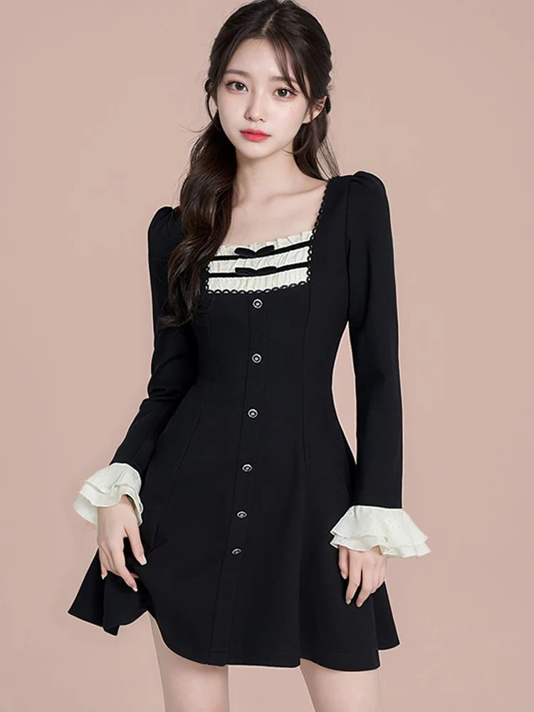 Jmprs Sweet Japan Dress Women Elegant Slim Patchwork Sexy Dress French Simple Long Sleeve Square Collar Lady Spring Mini Dress