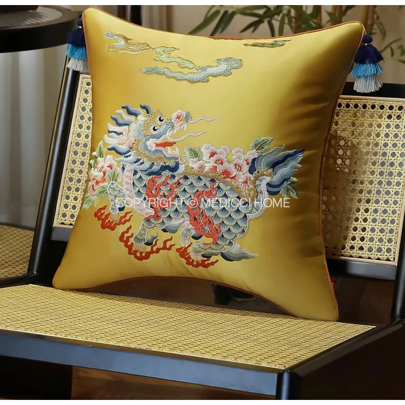 Medicci Home Chinoiserie Charming Cushion Cover Ancient Animal  Auspicious Kirin Embroidery Luxury Silk Pillowcase Multiple Size