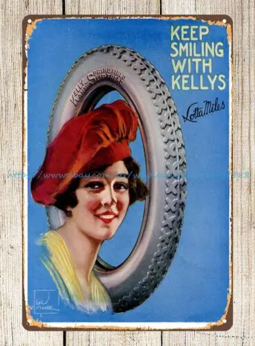 garage gifts tire Miss Lotta Miles Keep Smiling with Kellys, 1919 metal tin sign