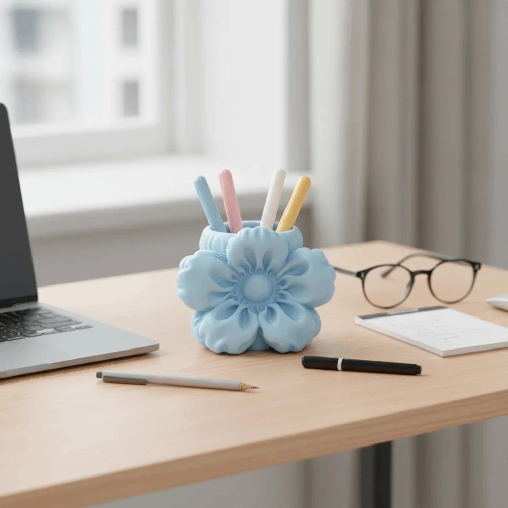Desktop Organizer Puff Flower Pen Holder Stationery Storage Makeup Brush Bin 3D Printed Pen Stand Pencil Rack Stable