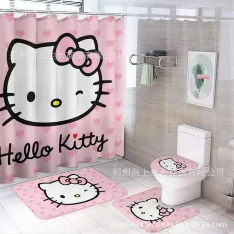 

4pcs Hello Kitty Shower Curtain Set Cute Anime Printed Shower Curtain Toilet Cover U-shaped Pad Decorative Kawaii Gift Wholesale