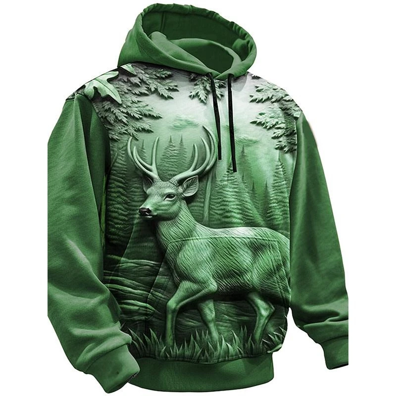 Wood Carving Deer Hoodie Men Multiple Colors Long Sleeve Pullover Sweatshirt 3D Printed Animal Autumn Winter Fashion Hoodies