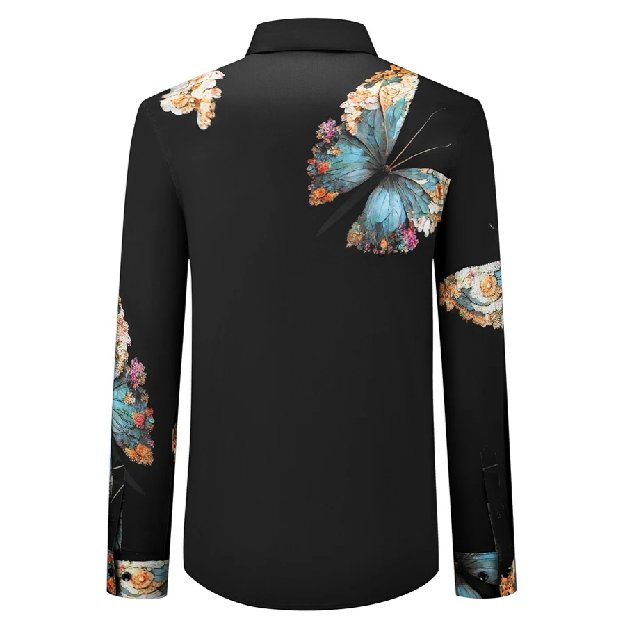 Luxury Rhinestone Butterfly Print Shirt Men Slim Long Sleeve Shirts High-end Business Social Banquet Party Formal Dress Shirts
