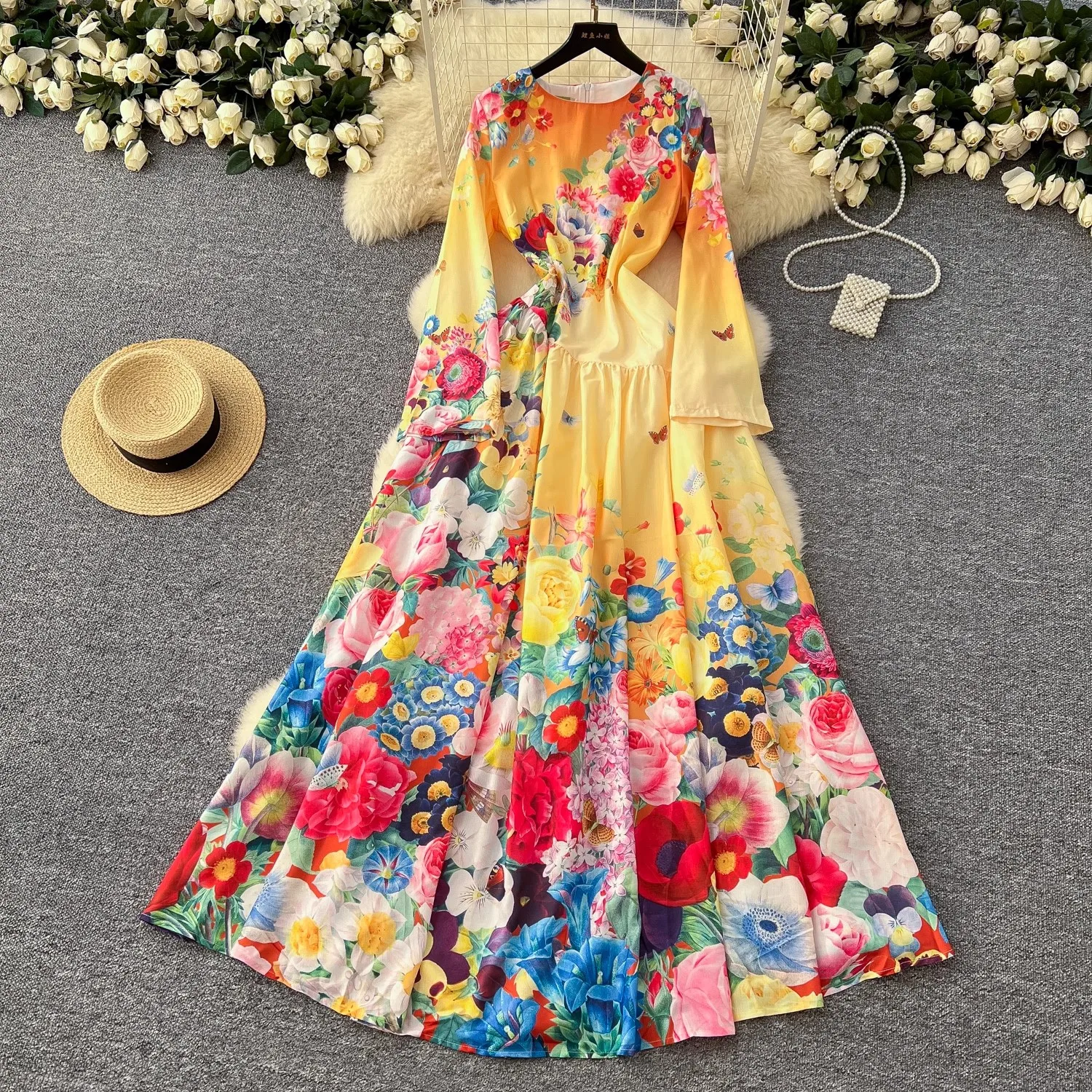 2025 Spring Summer Gorgeous Flower Holiday Maxi Dress Women's O-Neck Long Sleeve Floral Print A-Line Linen Robe Party Vestidos